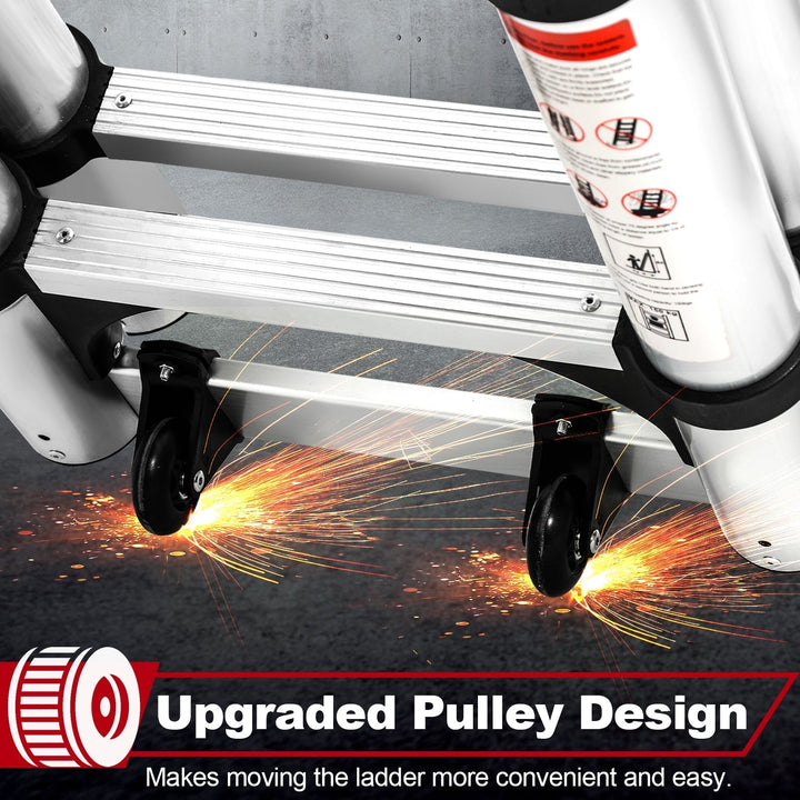 5M Aluminum Telescopic Ladder Folding Ladder with Wheels and Triangle Stabilizer | Kalsten