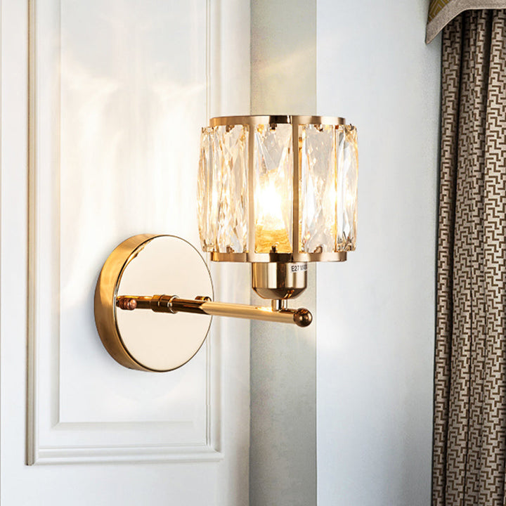 Beveled Cut Crystal Gold Wall Lamp Cylinder 1 Head Simplicity Sconce Light Fixture | Kalsten