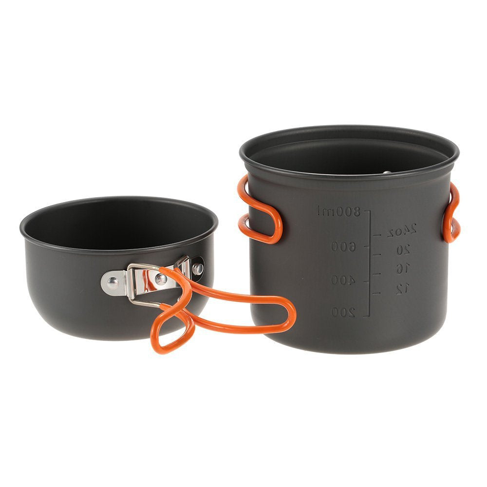lightweight anodized aluminum backpacking cook set with nesting pots, foldable heat-resistant handles and compact folding gas stove Kalsten