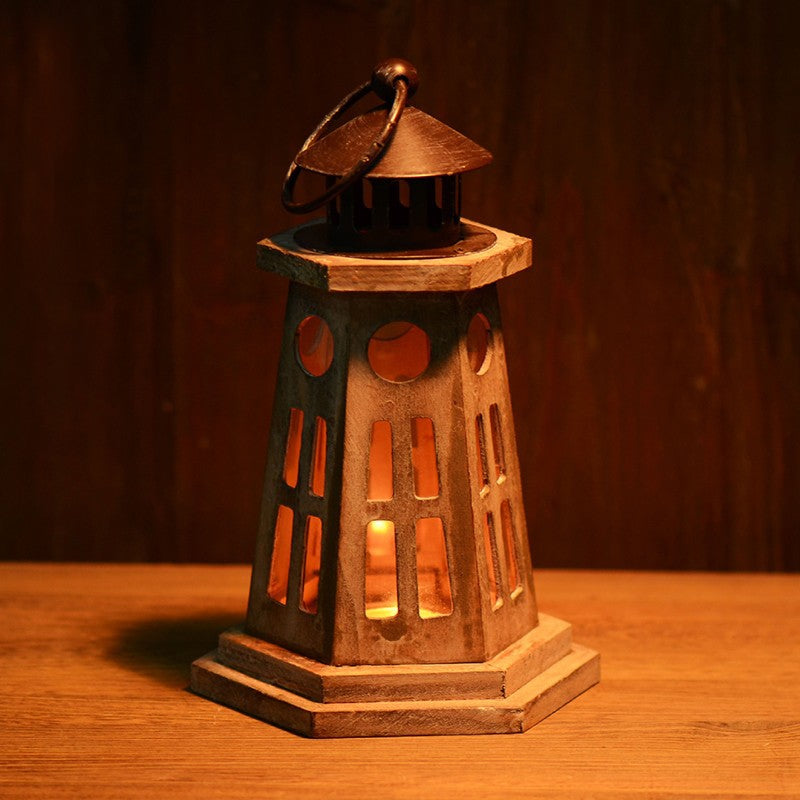 Rustic Distressed Wood Lantern Candle Holder with Glass Panels and Metal Roof Acalora