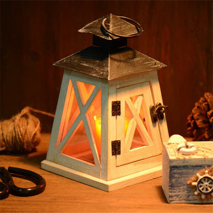 Rustic Distressed Wood Lantern Candle Holder with Glass Panels and Metal Roof Acalora
