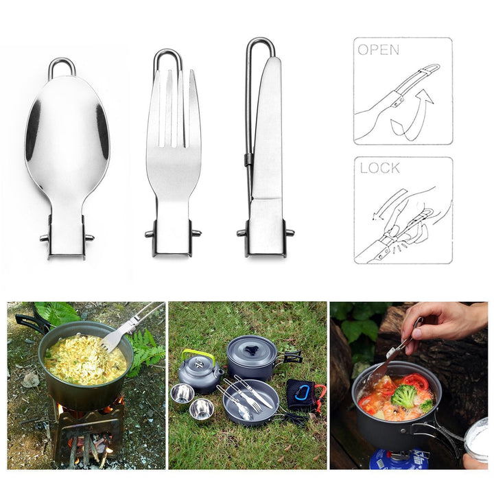 Foldable Stainless Steel Camping Cutlery Set with Locking Hinge and Carry Pouch Kalsten