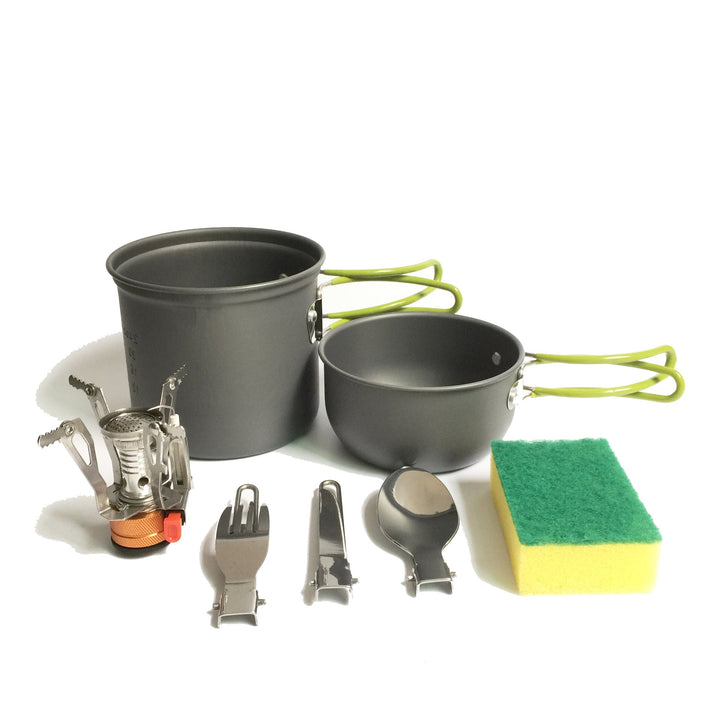 lightweight packable backpacking cookware and compact gas stove set with nonstick nesting pots and folding handles Kalsten
