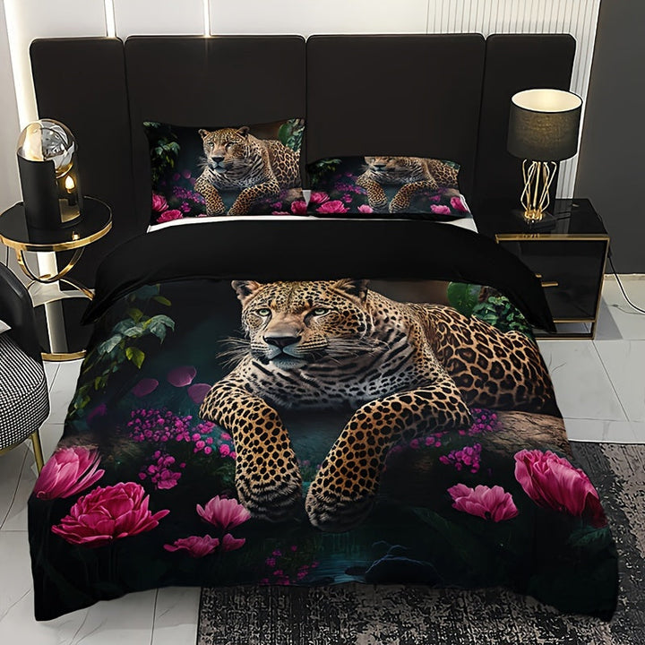 Luxurious Animal Print Bedding Set with Rose Pattern - 3-piece Kalsten