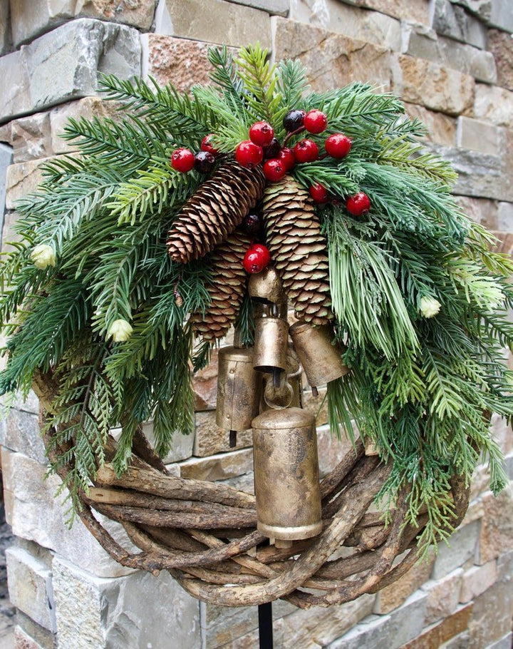 Kalsten | Christmas Wreath | Boho Style | Rustic Vine Base with Pinecones & Golden Bells