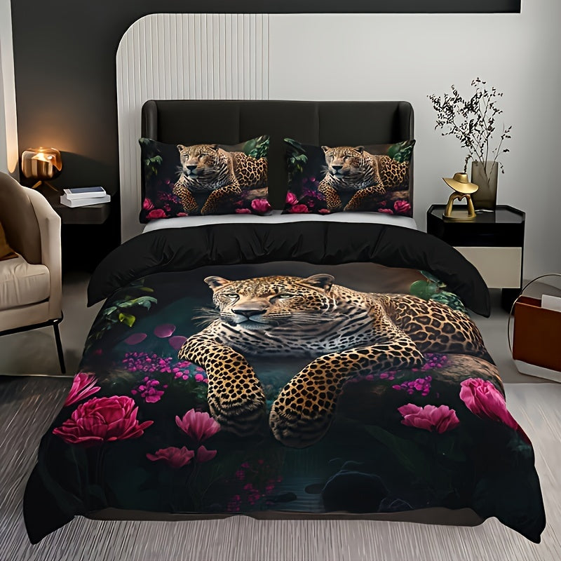Luxurious Animal Print Bedding Set with Rose Pattern - 3-piece Kalsten