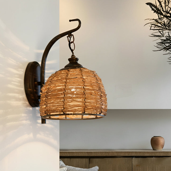 LED Wall Sconce Light – Boho Hand-Woven Rattan Iron (33x20cm / 13.0x8.0in) | Kalsten