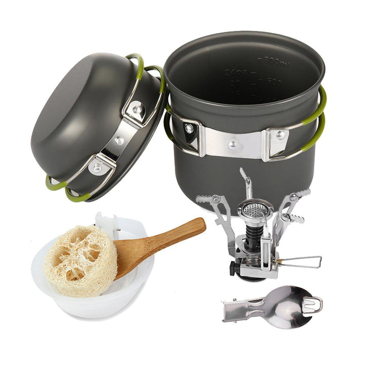 lightweight anodized aluminum backpacking cook set with nesting pots, foldable heat-resistant handles and compact folding gas stove Kalsten