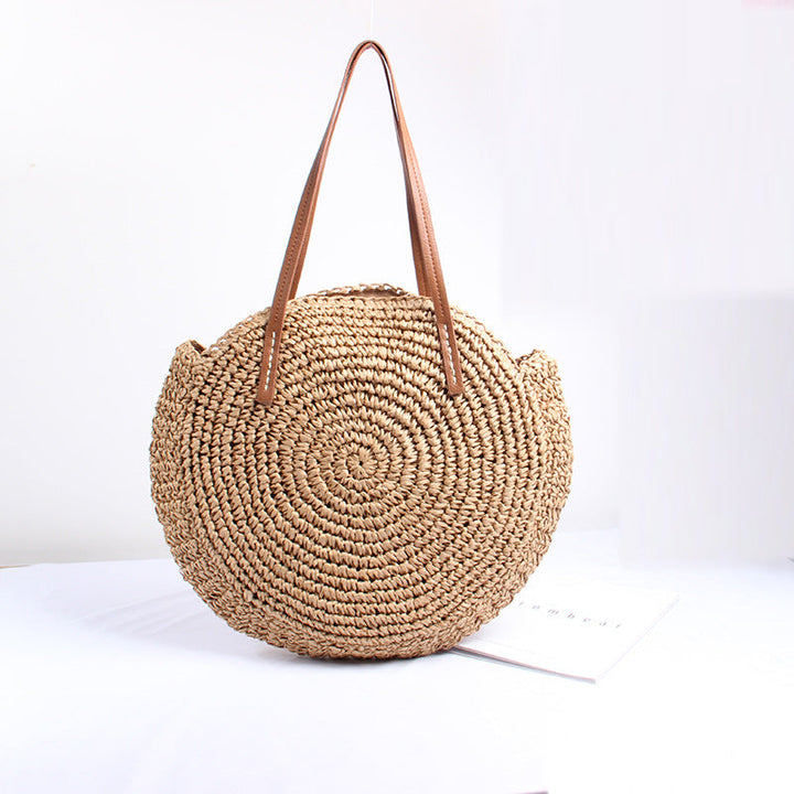 Handcrafted Round Basket Bag with Short Leather Handles Kalsten