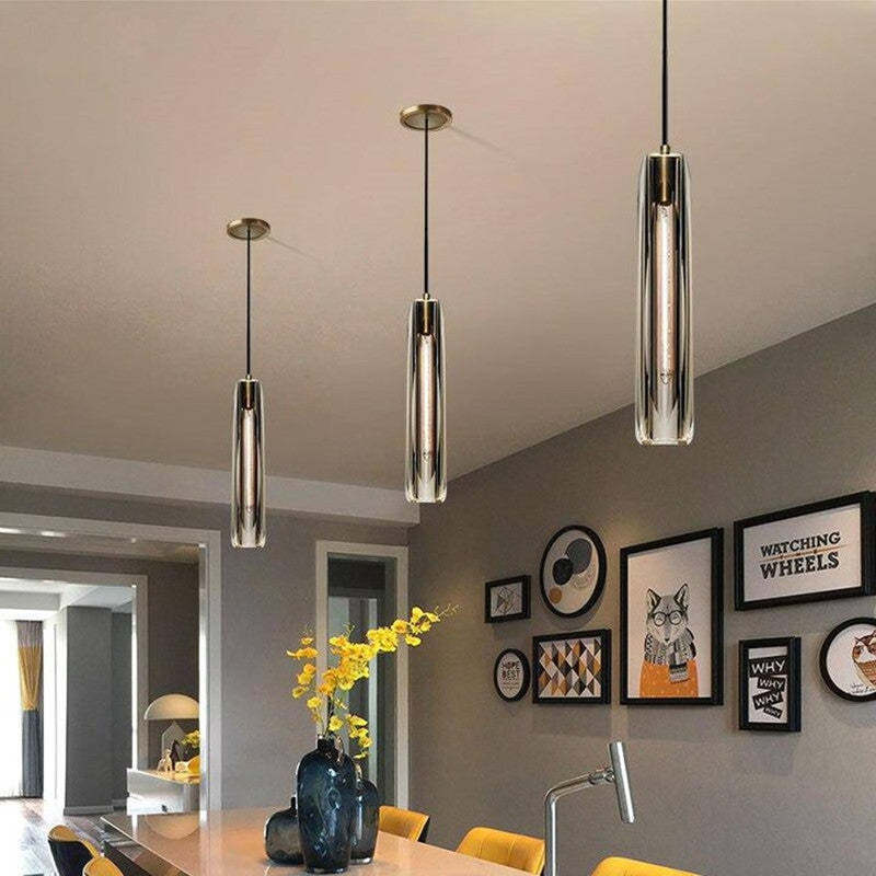 Pendant Light Glass Cylinder 15 in Adjustable Hanging Bedroom Dining Room Ceiling Fixture Modern Minimalist Lighting | Kalsten