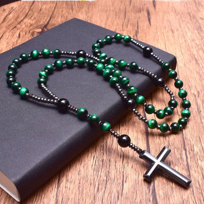 Skanto | Tiger Eye and Lapis Lazuli Cross Rosary Necklace for Men - Orion
