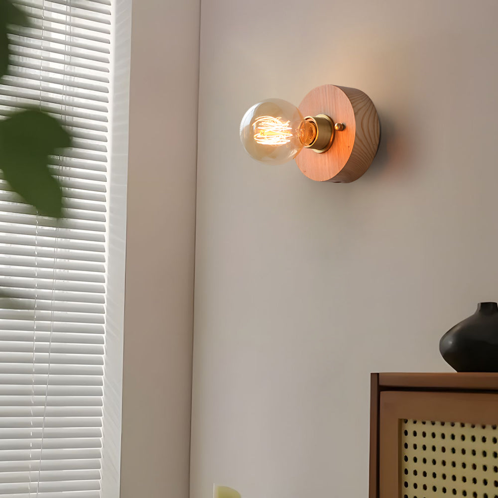 Round/Square Vintage Walnut Wood Wall Lamp 1-light with Pull Chain Switch | Kalsten