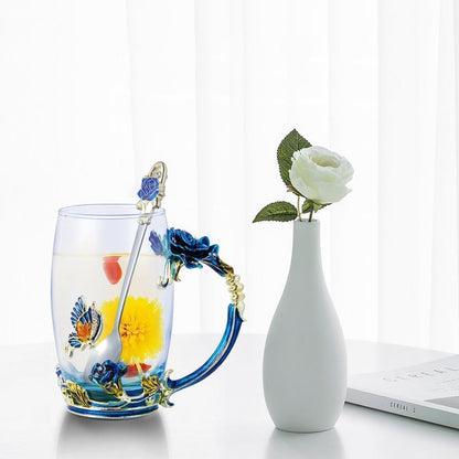 BowLift | Enamel Rose Glass Tea Cup Set (With Spoon)