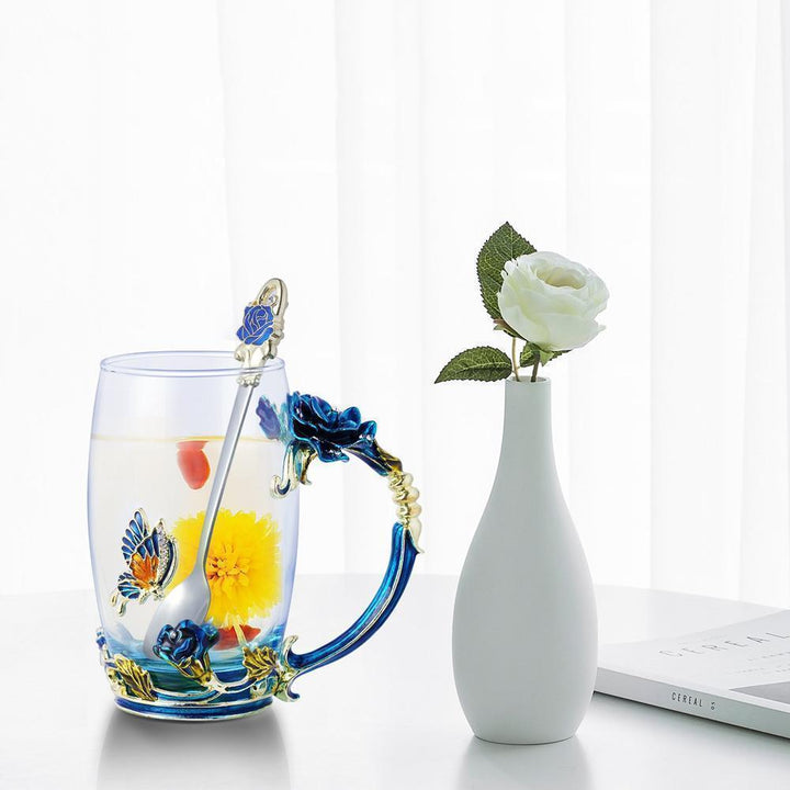 Kalsten | Enamel Rose Glass Tea Cup Set (With Spoon)