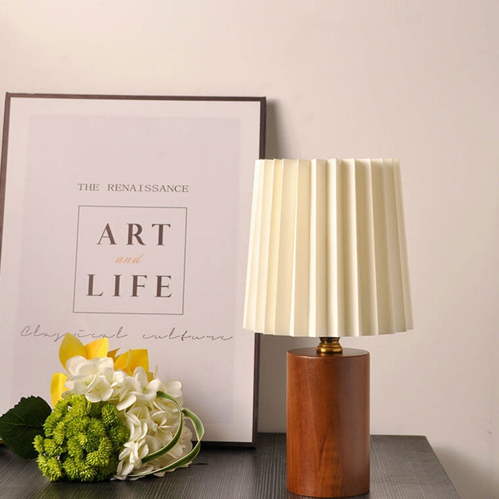 Vintage Korean Pleated Column Solid Wood Base 1-Light Table Lamp | Kalsten