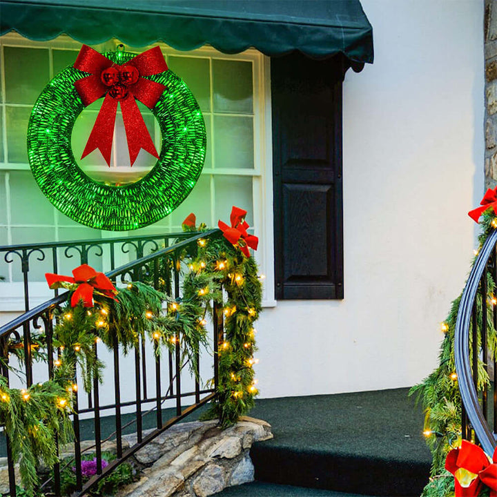 Christmas Garland 50CM Luminous LED Warm Light Metal Luminous Wreath With Big Bowknot Christmas Front Door Home Holiday Party Door Hanging Decor | Kalsten