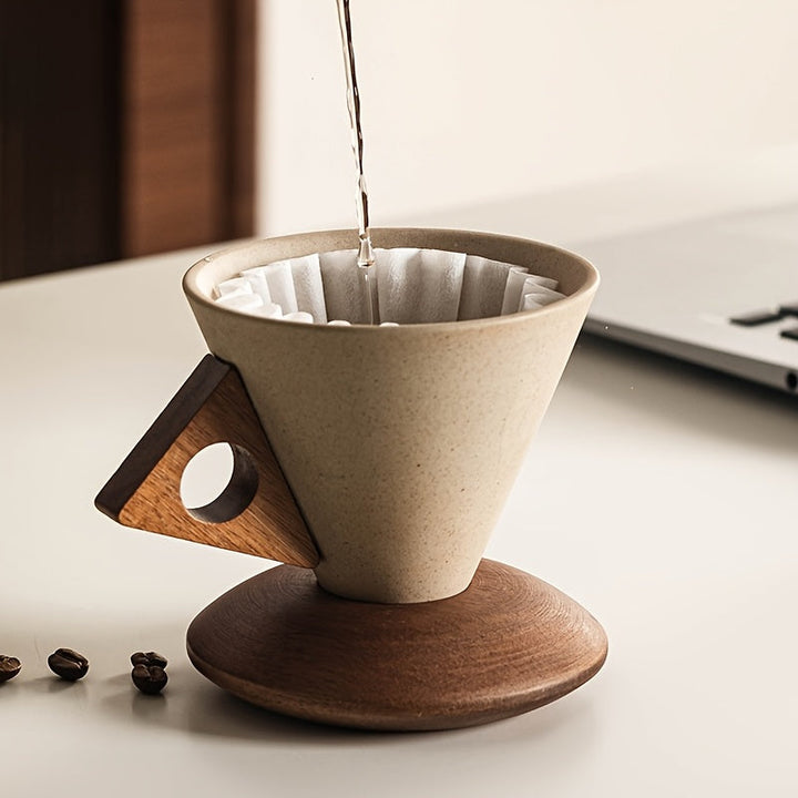 BaristaLuxe Ceramic Coffee Cup 250ml – Handmade with Wooden Handle and Coaster | Kalsten