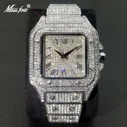 Karnz | MISSFOX Ice Out Square Men's Watch | 18K Gold Nano-Vacuum Plating | Swiss Quartz Movement | Fully Set with Lab Diamonds | Stainless Steel Case | Water Resistant 3 ATM