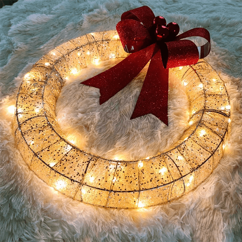 Christmas Garland 50CM Luminous LED Warm Light Metal Luminous Wreath With Big Bowknot Christmas Front Door Home Holiday Party Door Hanging Decor | Kalsten