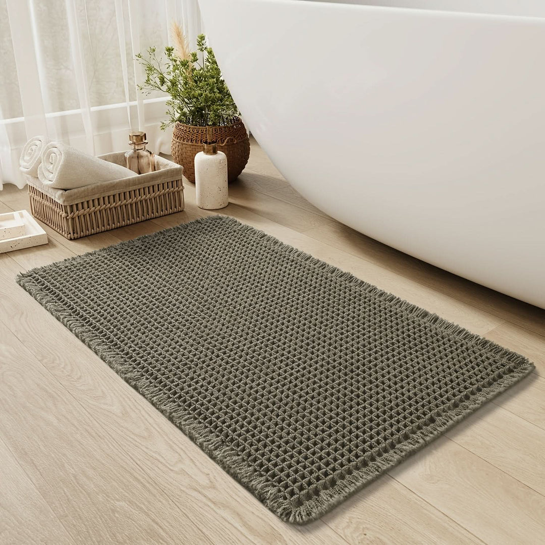 Kalsten | AbsorbEase | Waffle Bath Mat with Fringes – Quick-Dry & Non-Slip