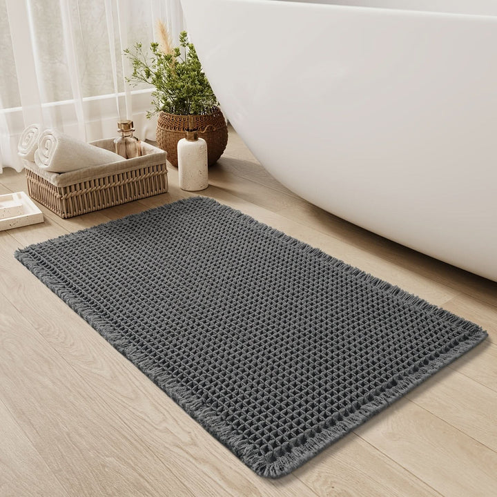 Kalsten | AbsorbEase | Waffle Bath Mat with Fringes – Quick-Dry & Non-Slip