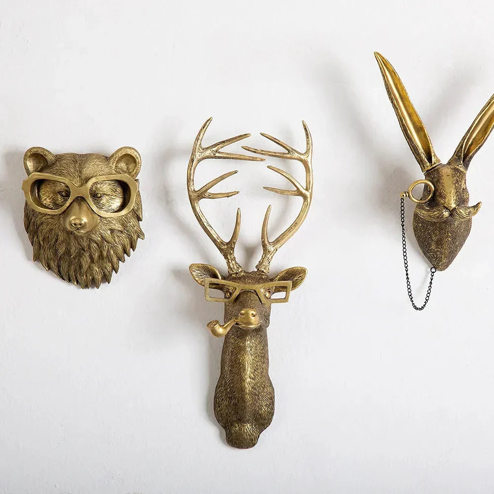 Kalsten | Antique Bronze Resin Animal Pendant Golden Deer Head Wall Storage Hook Background Wall Accessories Decorative Figures