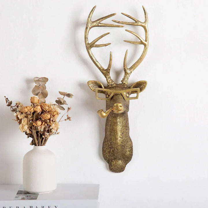 Kalsten | Antique Bronze Resin Animal Pendant Golden Deer Head Wall Storage Hook Background Wall Accessories Decorative Figures