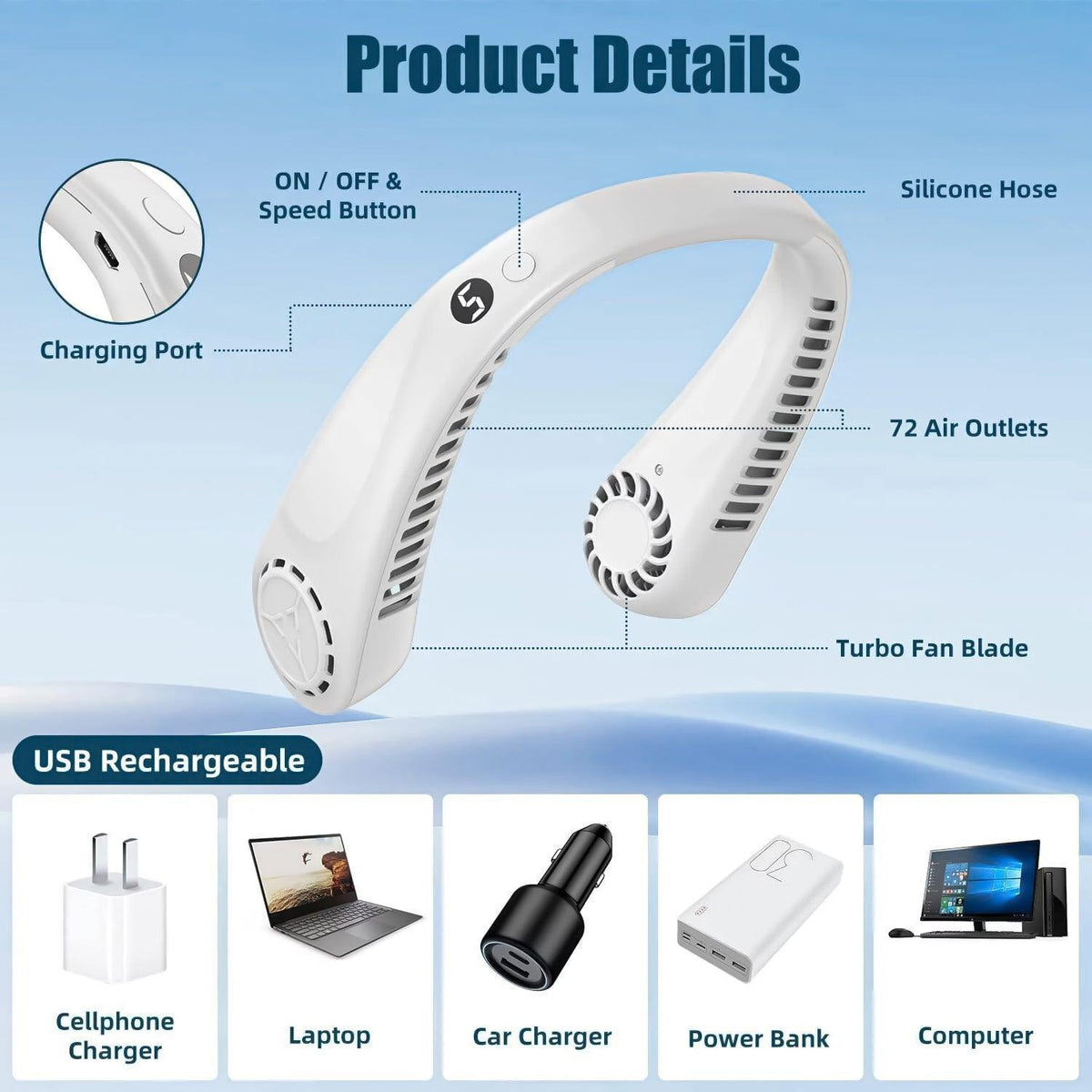Portable Neck Fans - Portable 5 Speed Neck Fan USB Rechargeable Neckband Bladeless Cooler | Bowlift