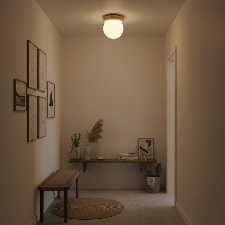 Ceiling Light Travertine Stone 6.3 in Beige Glass Shade Living Room Bedroom Flush Mount Ambient Lighting Fixture | Kalsten