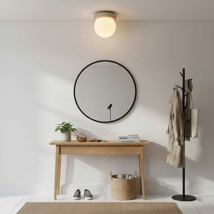 Ceiling Light Travertine Stone 6.3 in Beige Glass Shade Living Room Bedroom Flush Mount Ambient Lighting Fixture | Kalsten