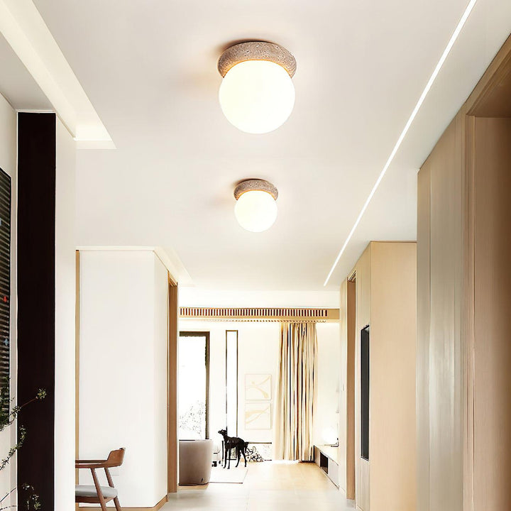 Ceiling Light Travertine Stone 6.3 in Beige Glass Shade Living Room Bedroom Flush Mount Ambient Lighting Fixture | Kalsten