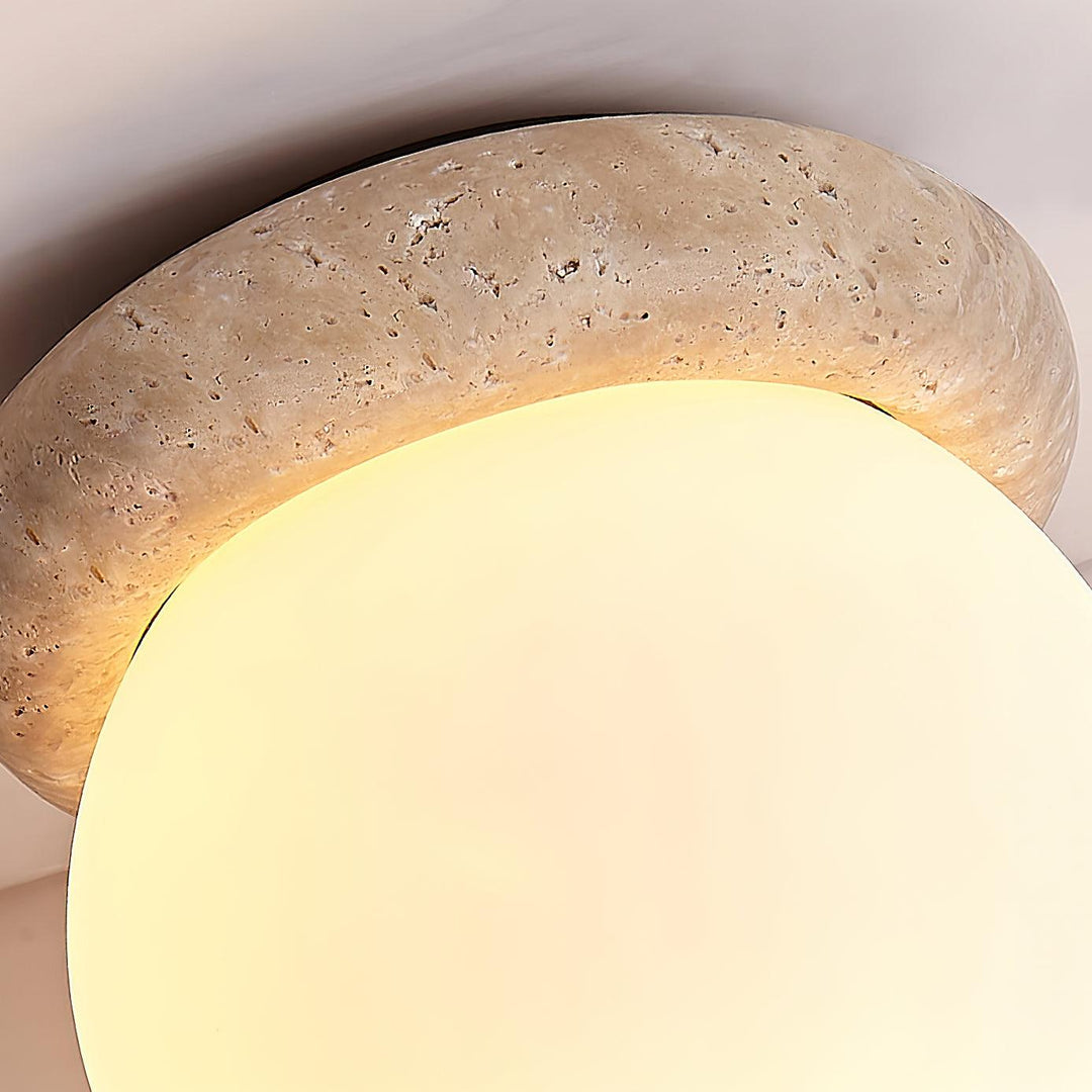 Ceiling Light Travertine Stone 6.3 in Beige Glass Shade Living Room Bedroom Flush Mount Ambient Lighting Fixture | Kalsten