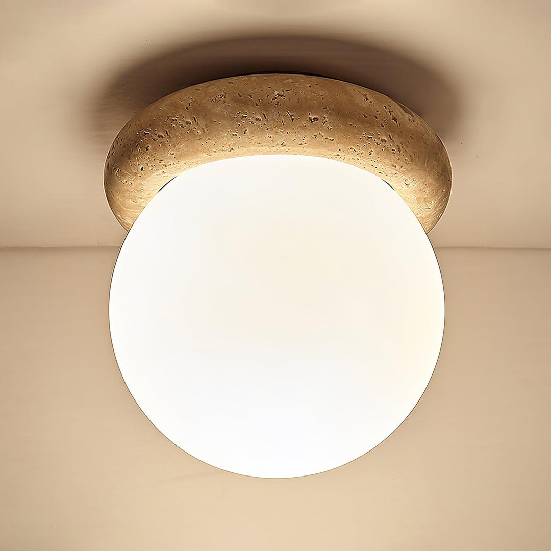 Ceiling Light Travertine Stone 6.3 in Beige Glass Shade Living Room Bedroom Flush Mount Ambient Lighting Fixture | Kalsten