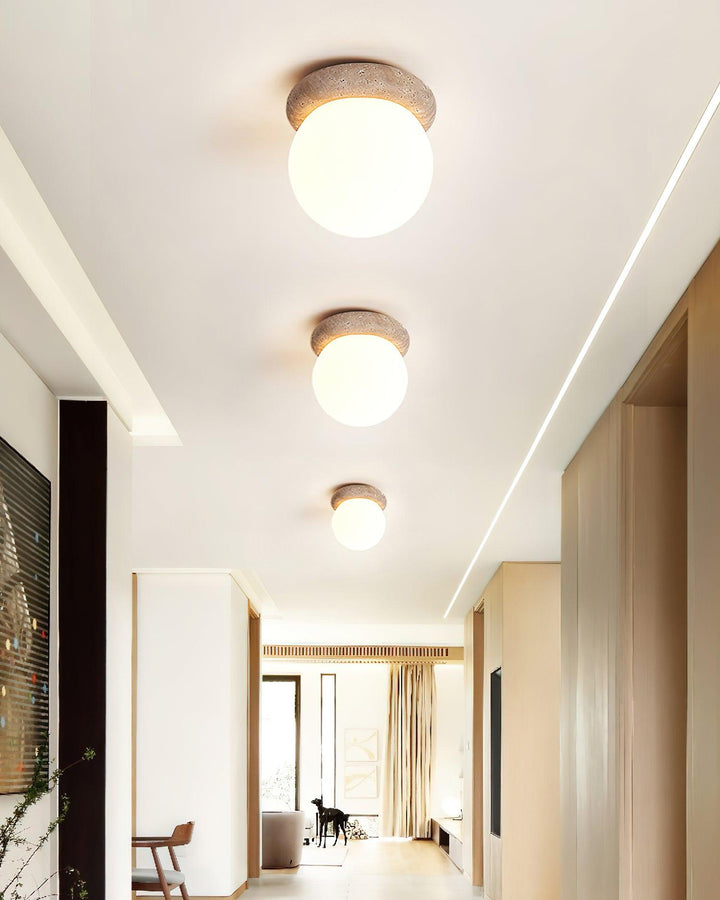 Ceiling Light Travertine Stone 6.3 in Beige Glass Shade Living Room Bedroom Flush Mount Ambient Lighting Fixture | Kalsten