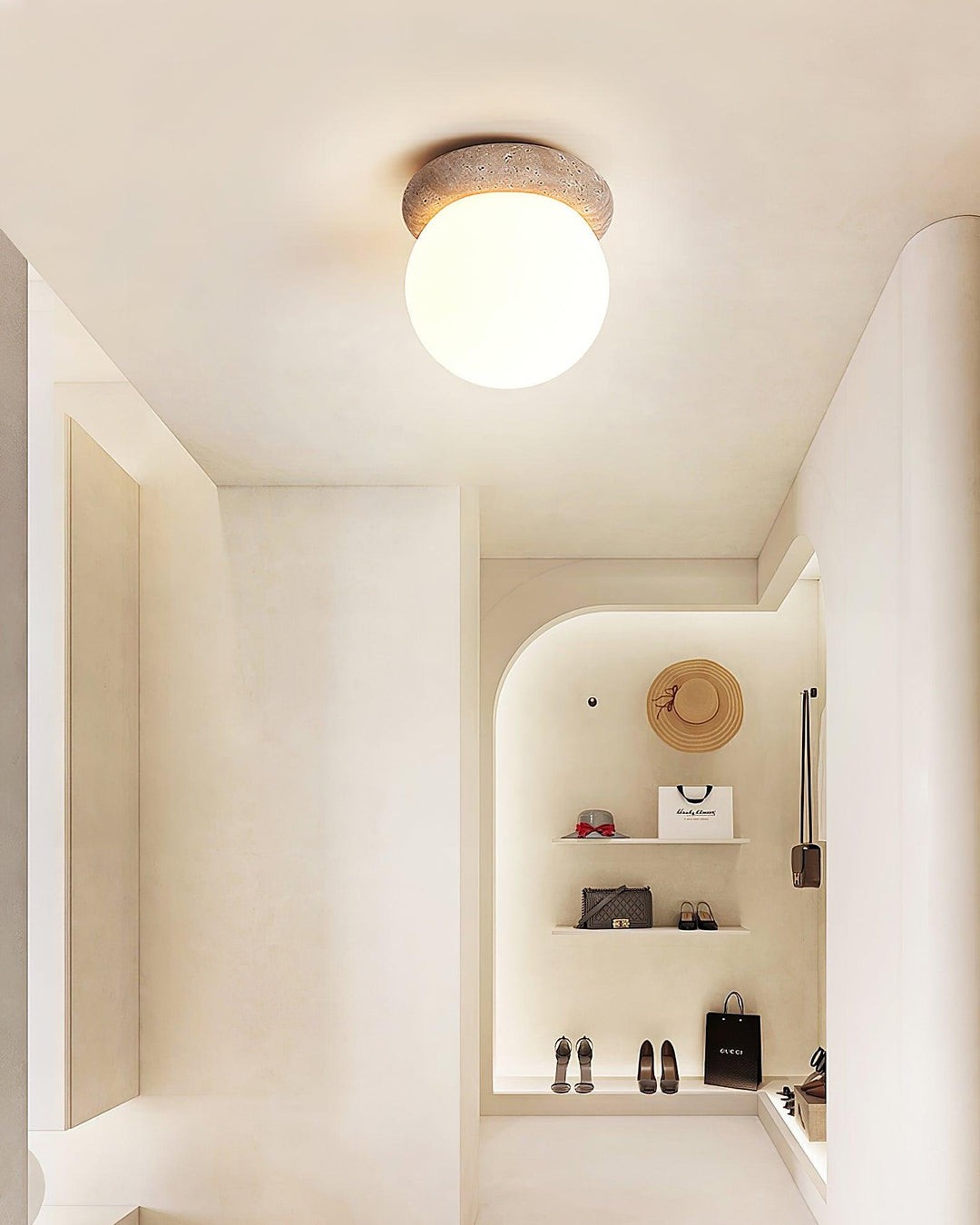 Ceiling Light Travertine Stone 6.3 in Beige Glass Shade Living Room Bedroom Flush Mount Ambient Lighting Fixture | Kalsten
