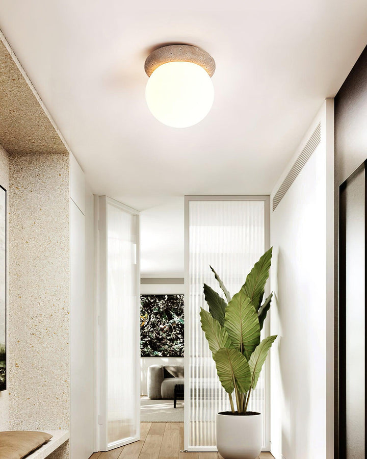 Ceiling Light Travertine Stone 6.3 in Beige Glass Shade Living Room Bedroom Flush Mount Ambient Lighting Fixture | Kalsten