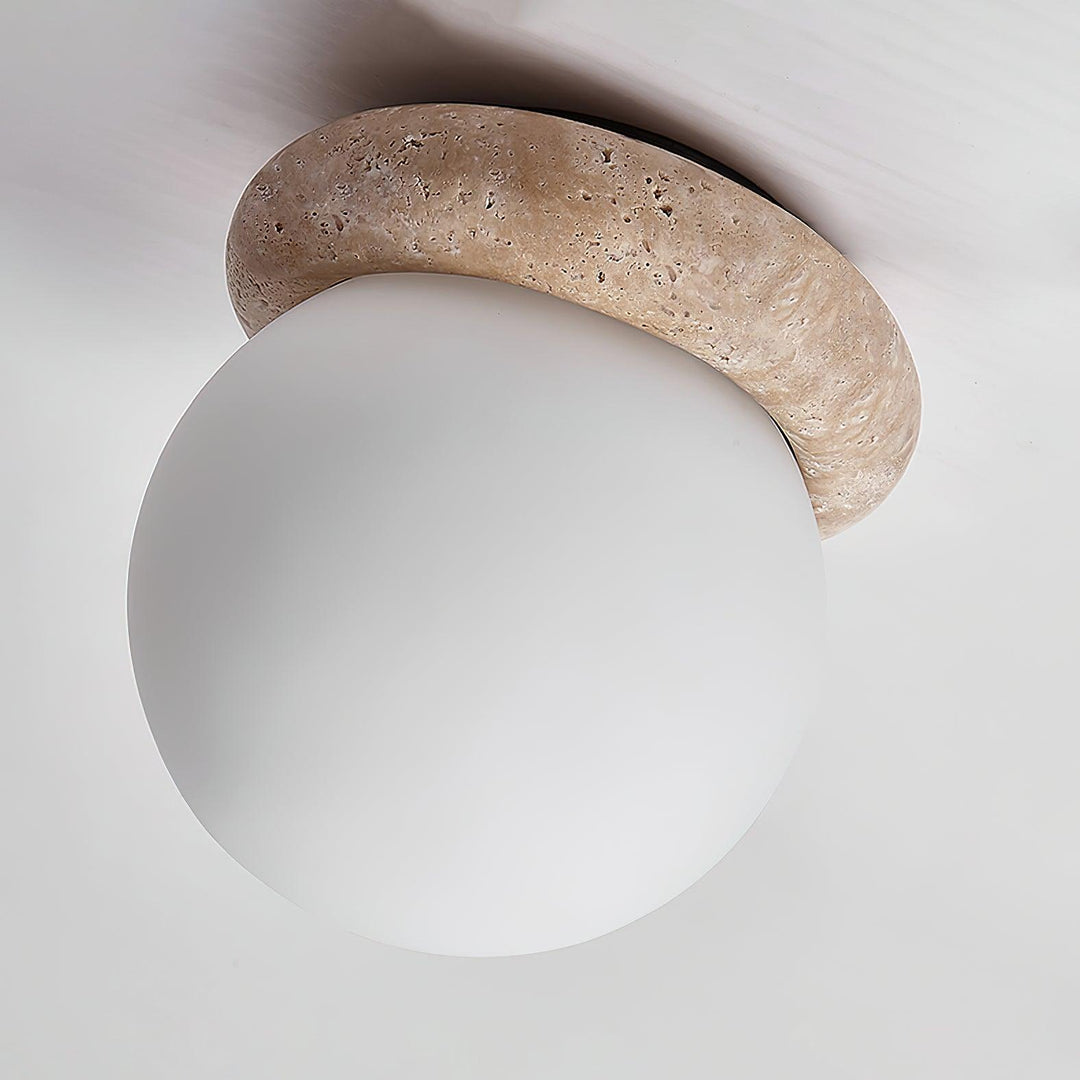 Ceiling Light Travertine Stone 6.3 in Beige Glass Shade Living Room Bedroom Flush Mount Ambient Lighting Fixture | Kalsten
