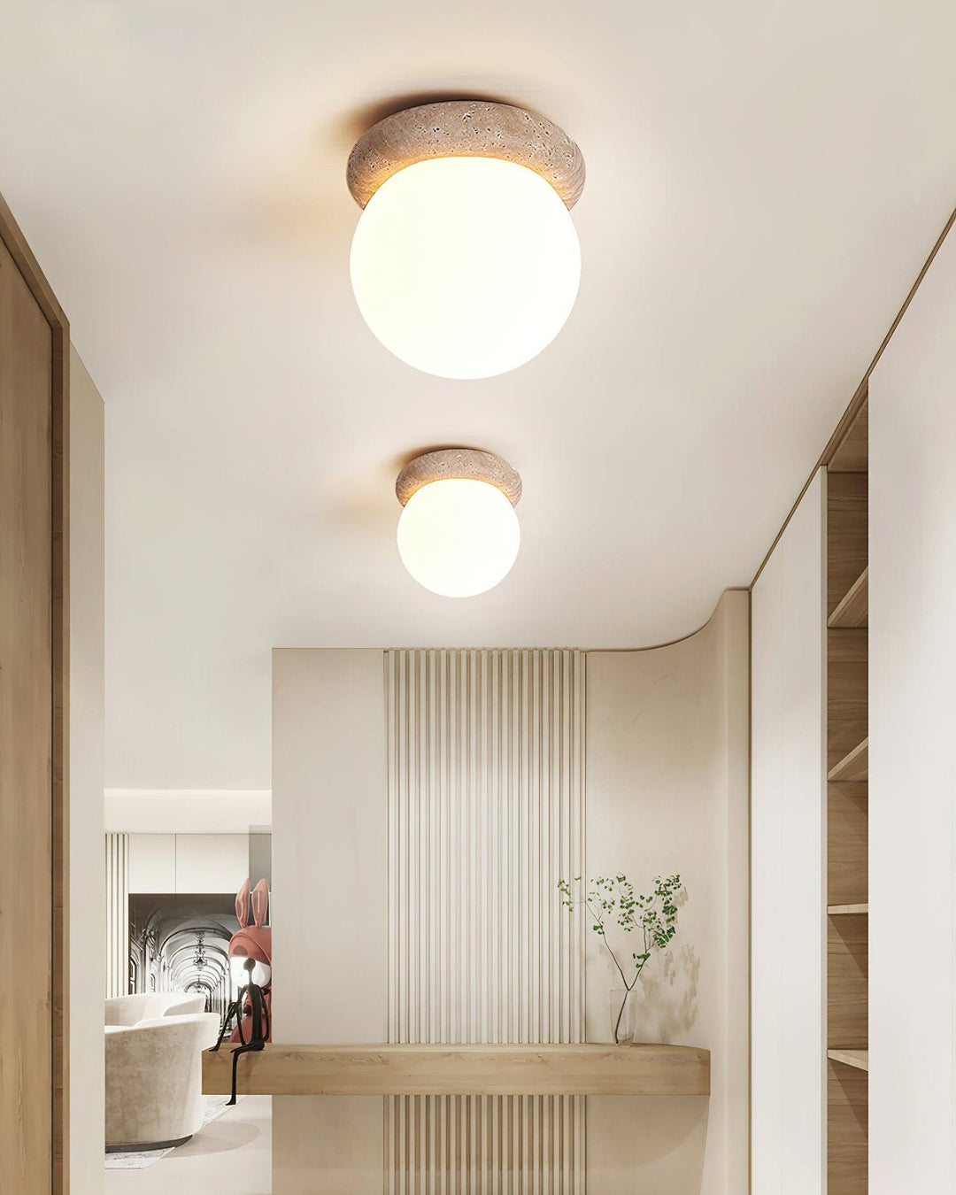 Ceiling Light Travertine Stone 6.3 in Beige Glass Shade Living Room Bedroom Flush Mount Ambient Lighting Fixture | Kalsten