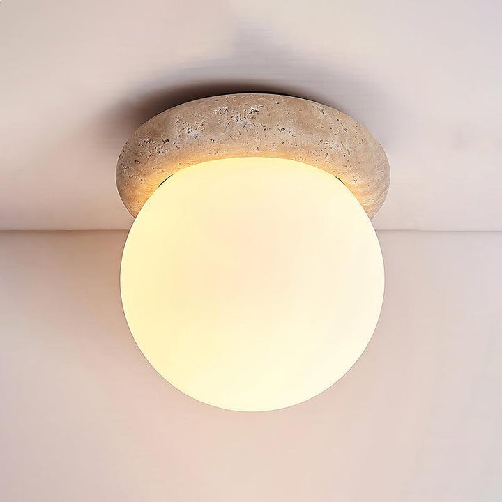 Ceiling Light Travertine Stone 6.3 in Beige Glass Shade Living Room Bedroom Flush Mount Ambient Lighting Fixture | Kalsten