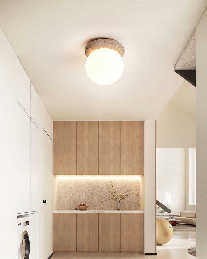 Ceiling Light Travertine Stone 6.3 in Beige Glass Shade Living Room Bedroom Flush Mount Ambient Lighting Fixture | Kalsten