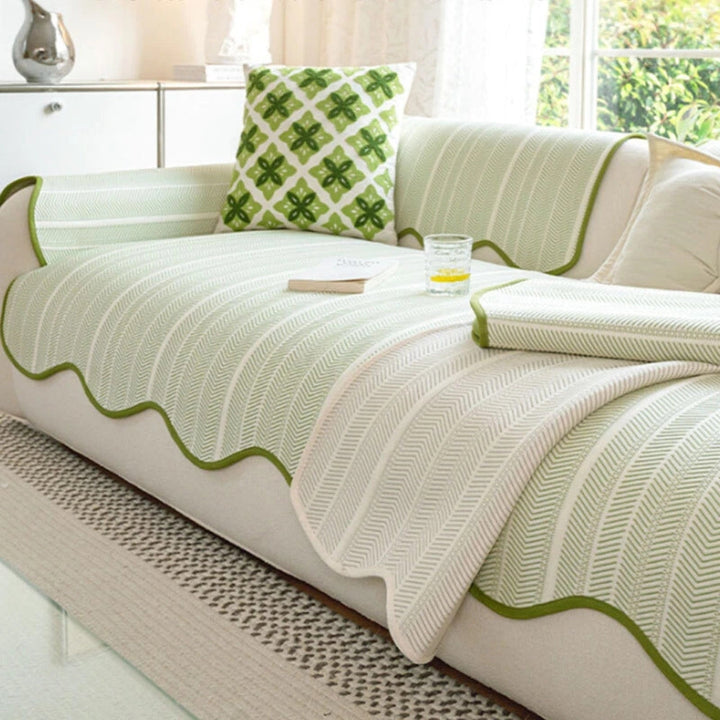 Kalsten | Aurivelle Herringbone Sofa Cover with Scalloped Edge Trim
