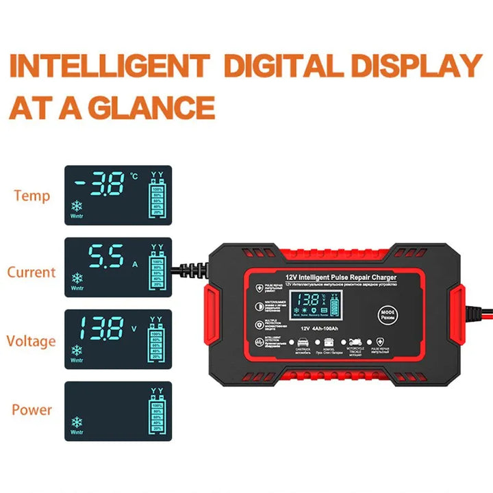 Kalsten | 12V 6A Smart Car Battery Charger | Pulse Repair, LCD Display & Fast Charging for AGM, Gel & Lead-Acid Batteries