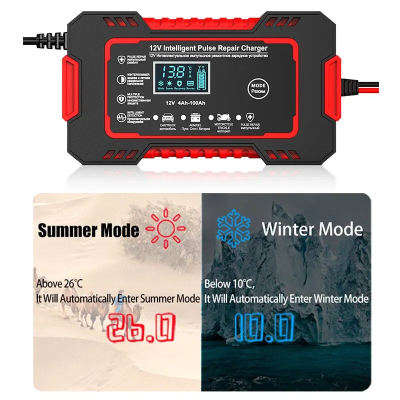 Kalsten | 12V 6A Smart Car Battery Charger | Pulse Repair, LCD Display & Fast Charging for AGM, Gel & Lead-Acid Batteries