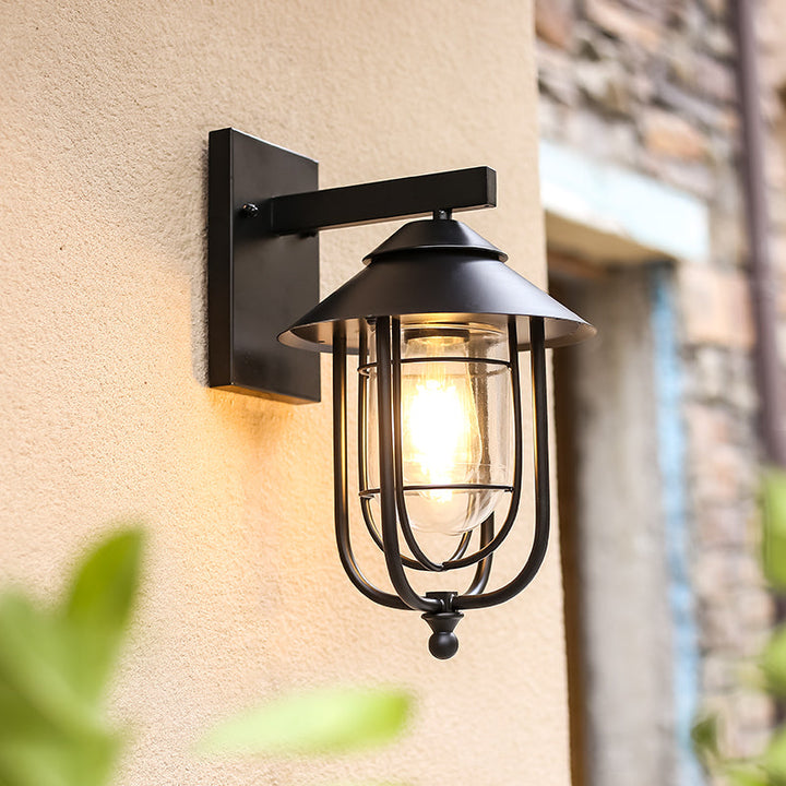 Contemporary Industrial Iron & Glass Caged Cylinder 1-Light Wall Sconce Lamp For Outdoor Patio | Kalsten