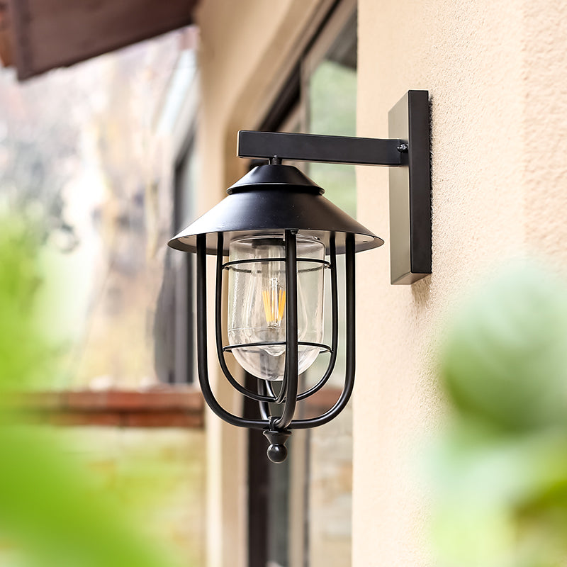 Contemporary Industrial Iron & Glass Caged Cylinder 1-Light Wall Sconce Lamp For Outdoor Patio | Kalsten