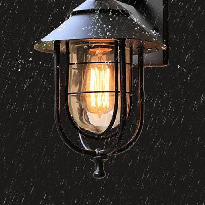 Contemporary Industrial Iron & Glass Caged Cylinder 1-Light Wall Sconce Lamp For Outdoor Patio | Kalsten