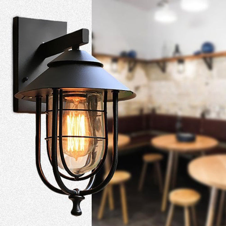 Contemporary Industrial Iron & Glass Caged Cylinder 1-Light Wall Sconce Lamp For Outdoor Patio | Kalsten