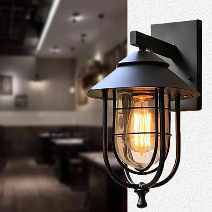 Contemporary Industrial Iron & Glass Caged Cylinder 1-Light Wall Sconce Lamp For Outdoor Patio | Kalsten