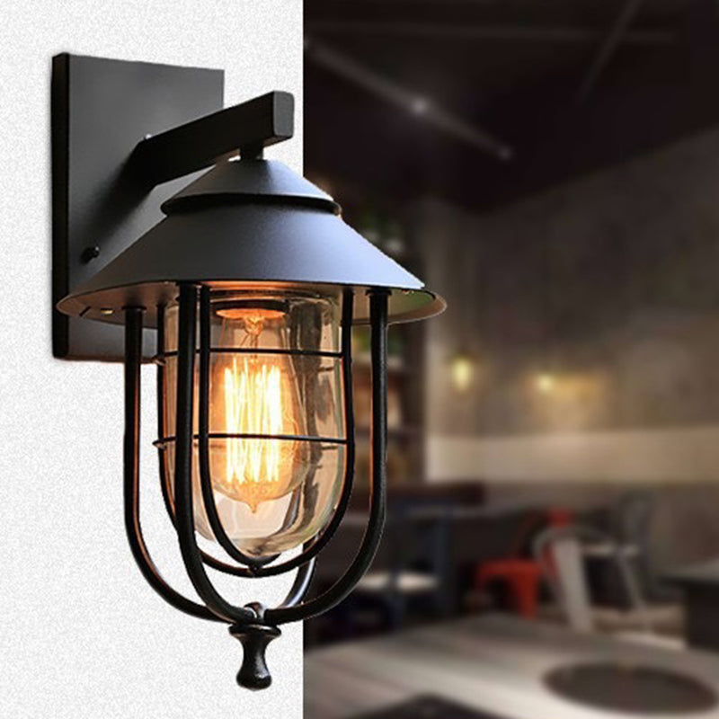 Contemporary Industrial Iron & Glass Caged Cylinder 1-Light Wall Sconce Lamp For Outdoor Patio | Kalsten