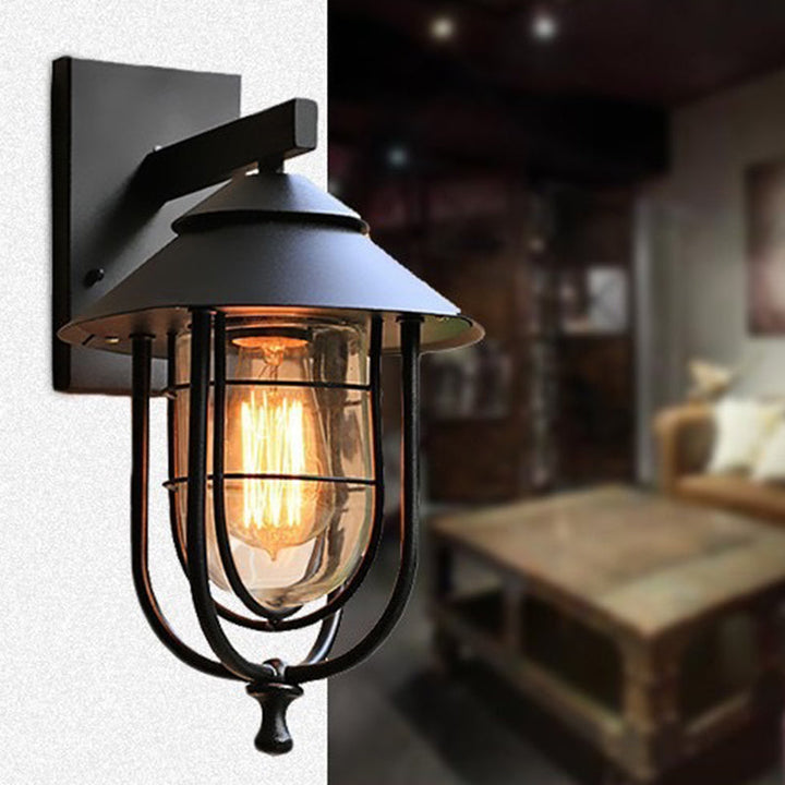 Contemporary Industrial Iron & Glass Caged Cylinder 1-Light Wall Sconce Lamp For Outdoor Patio | Kalsten